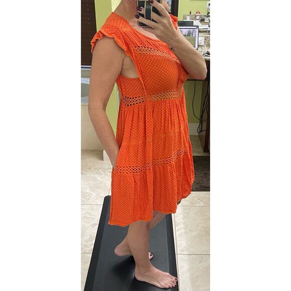 Free People small orange Retro Kitty Crochet Trim Mini Babydoll Tangerine Dress - Picture 5 of 7
